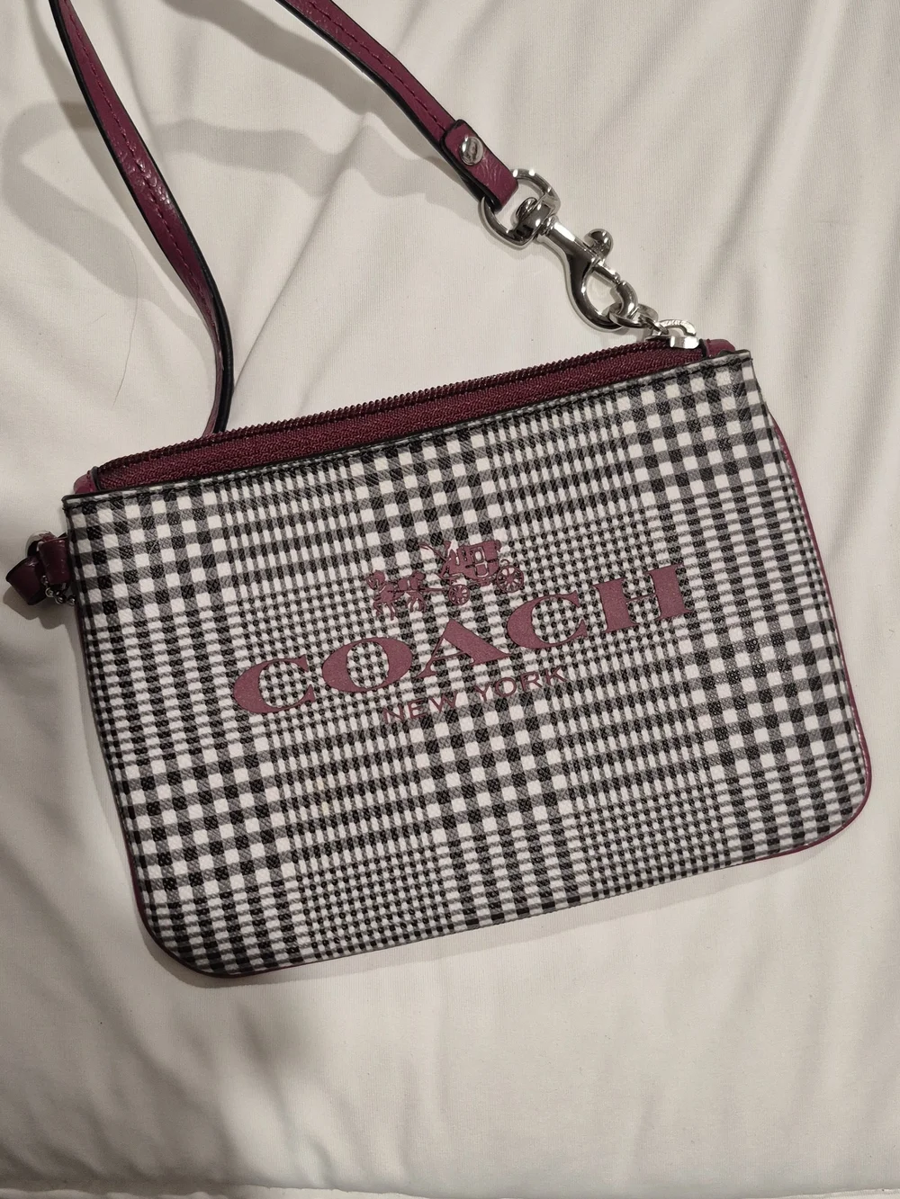 COACH Black & White Gingham Wristlet with Pink Trim